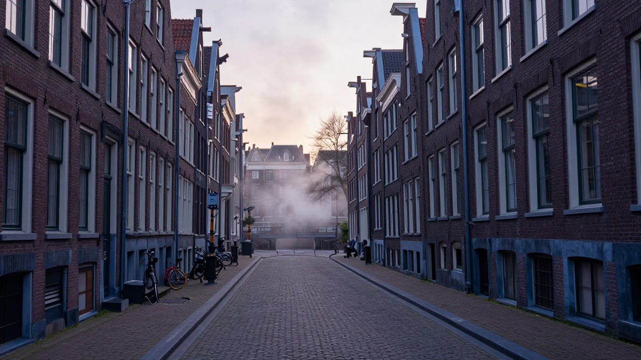 Amsterdam Canal House Cobblestone Street at Pre-Dawn with Steam Haze and Bicycle in in Amsterdam, Netherlands