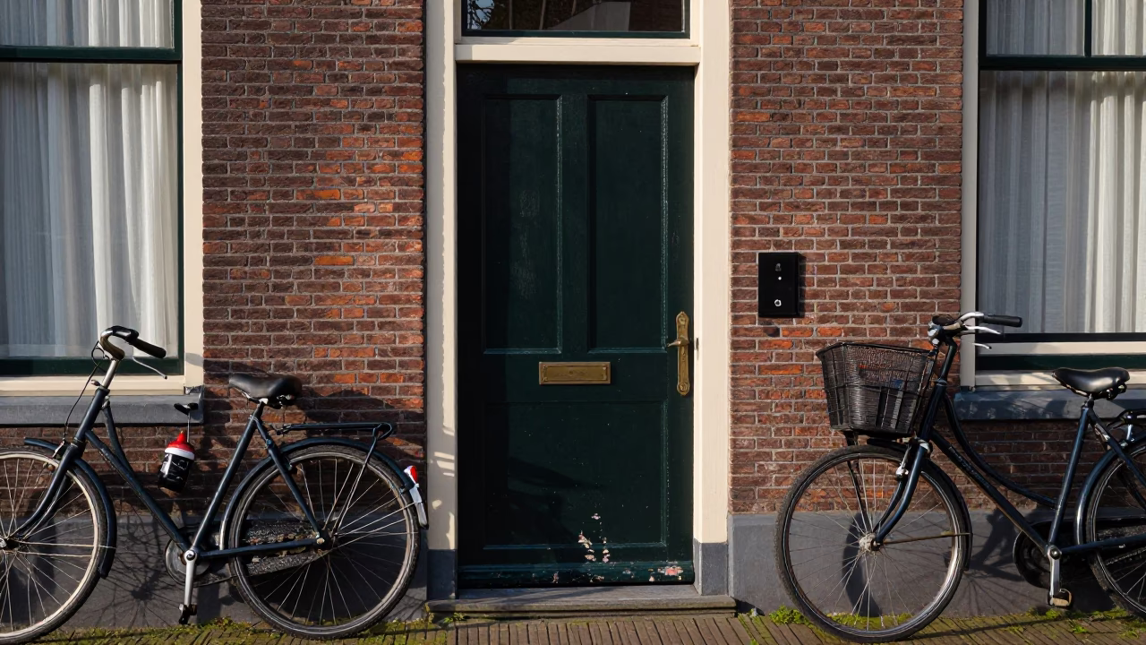 Amsterdam Canal House Doorframe and Bicycle in Clear Late Afternoon Light in in Amsterdam, Netherlands
