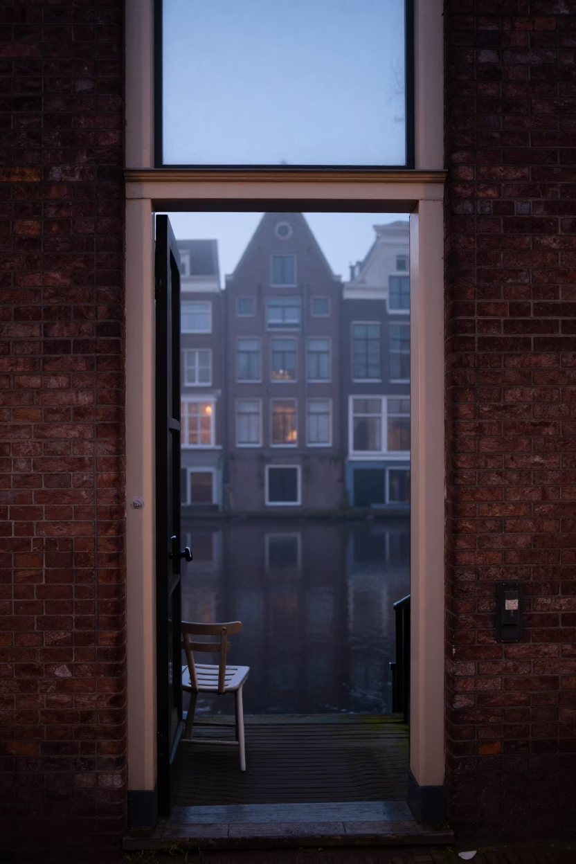 Amsterdam canal house doorframe and chair in pre-dawn fog in in Amsterdam, Netherlands