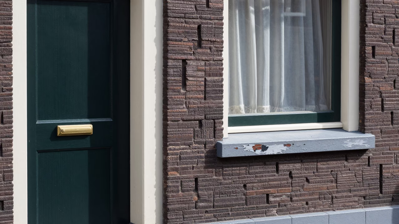 Amsterdam Canal House Doorframe and Window Sill Detail at Midday in in Amsterdam, Netherlands