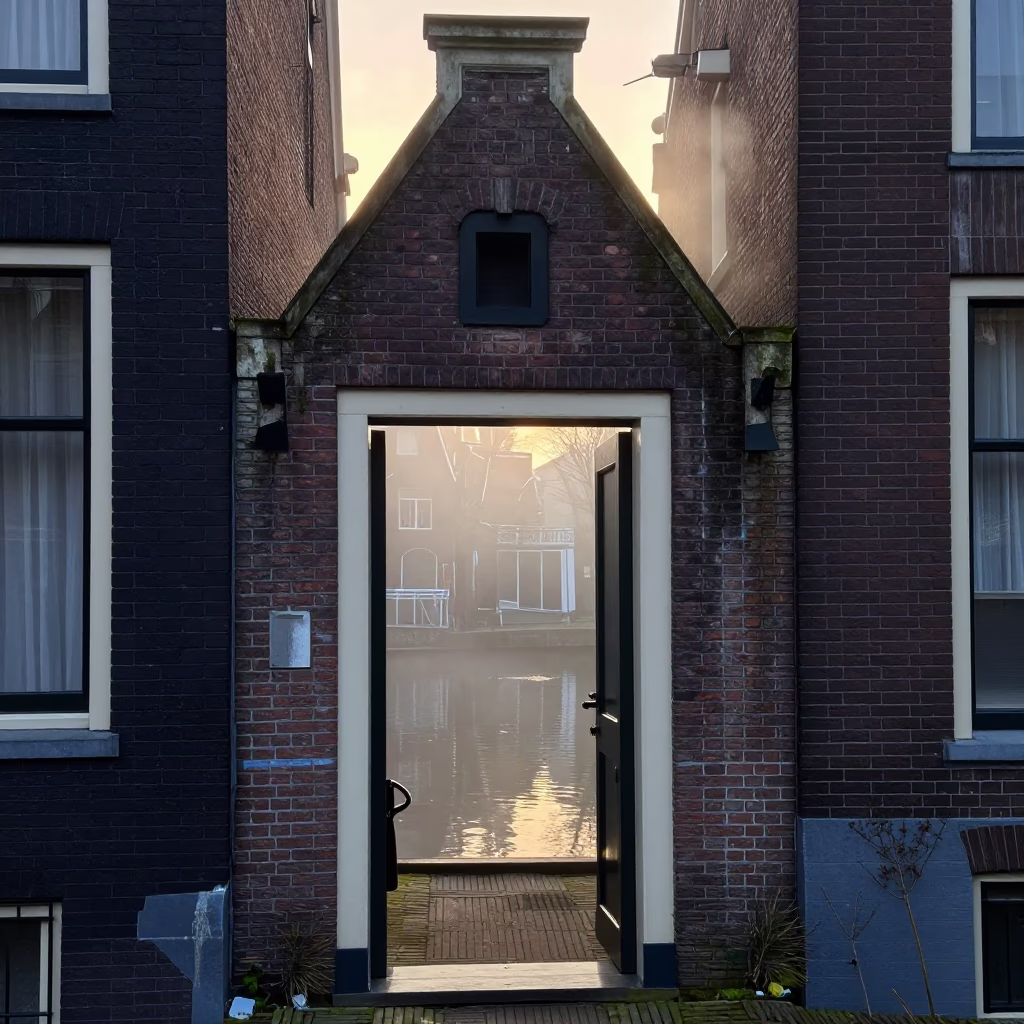 Amsterdam Canal House Doorframe at First Light Dawn with Bicycle in in Amsterdam, Netherlands