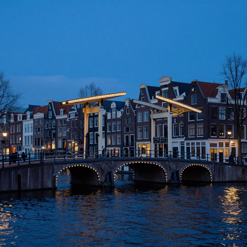 Amsterdam Canal House Drawbridge Counterweight House Above Black Tidal Channel Before Dawn in in Amsterdam, Netherlands