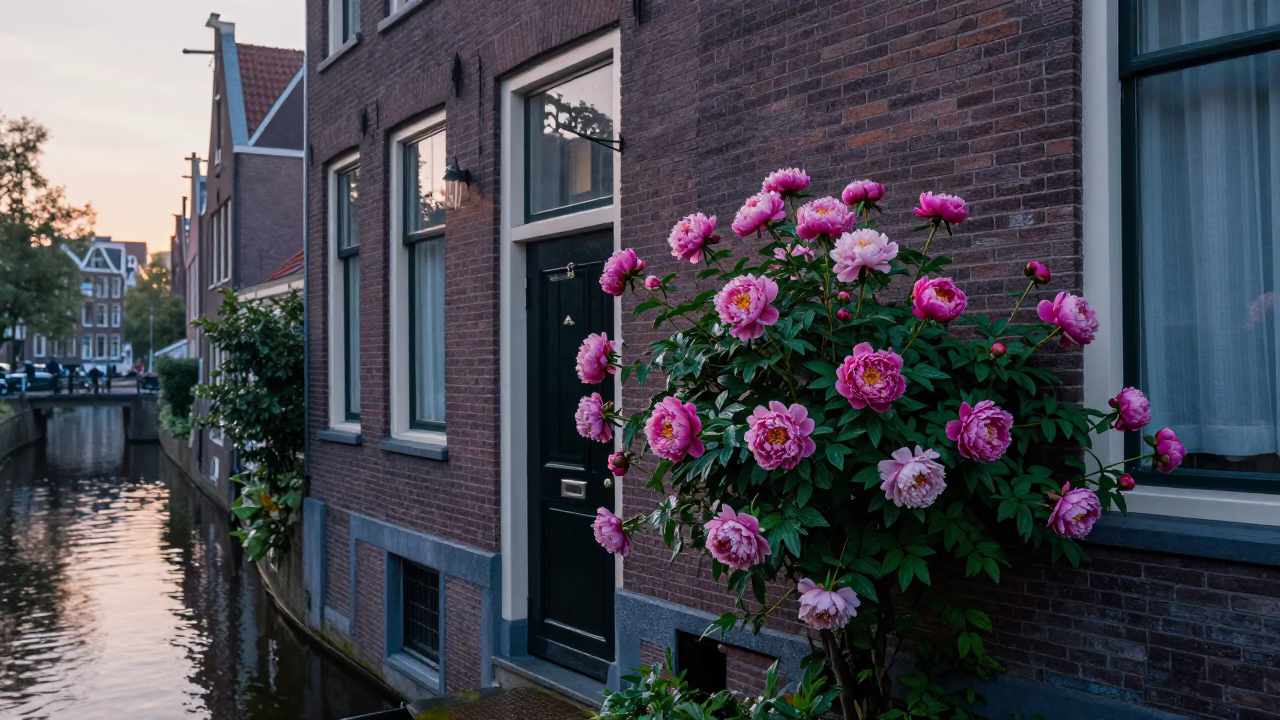 Amsterdam canal house entrance before sunrise with peony bush and brickwork in in Amsterdam, Netherlands