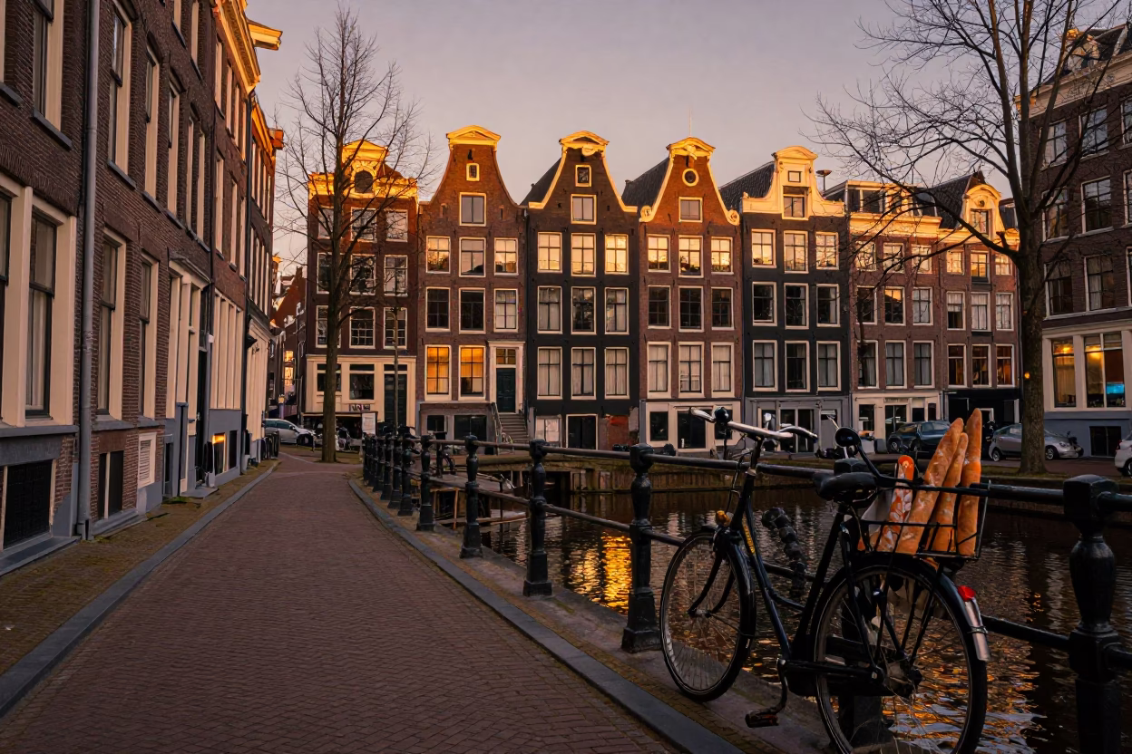 Amsterdam Canal House Evening Light with Bicycle and Baguettes in in Amsterdam, Netherlands