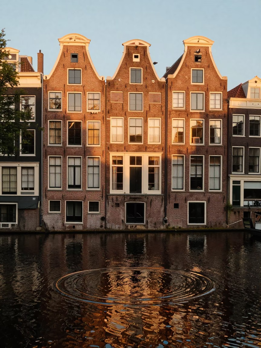 Amsterdam Canal House Evening Light with Water Rings and Snapdragons in in Amsterdam, Netherlands