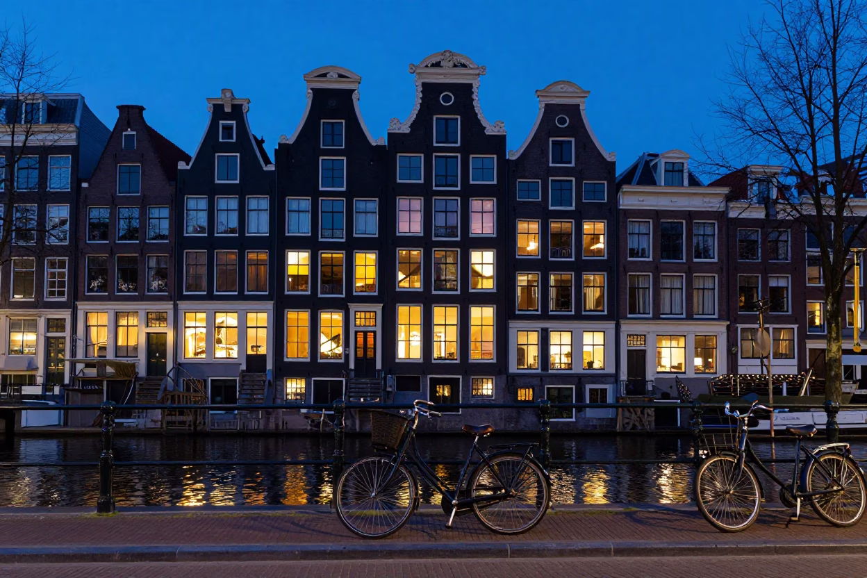 Amsterdam Canal House Evening Street Scene with Bicycle and Shop Display in in Amsterdam, Netherlands