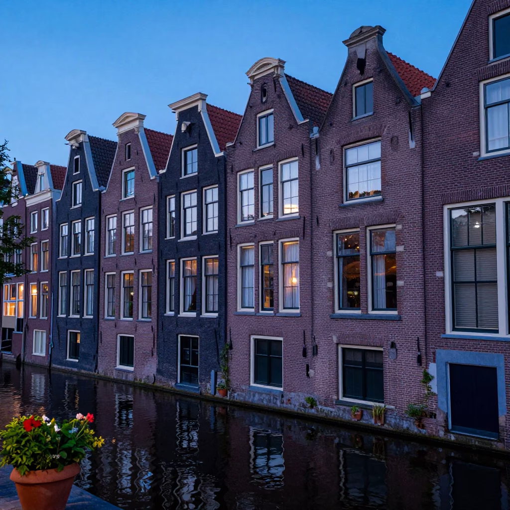 Amsterdam Canal House Evening View with Potted Herbs and Patterned Rug in in Amsterdam, Netherlands