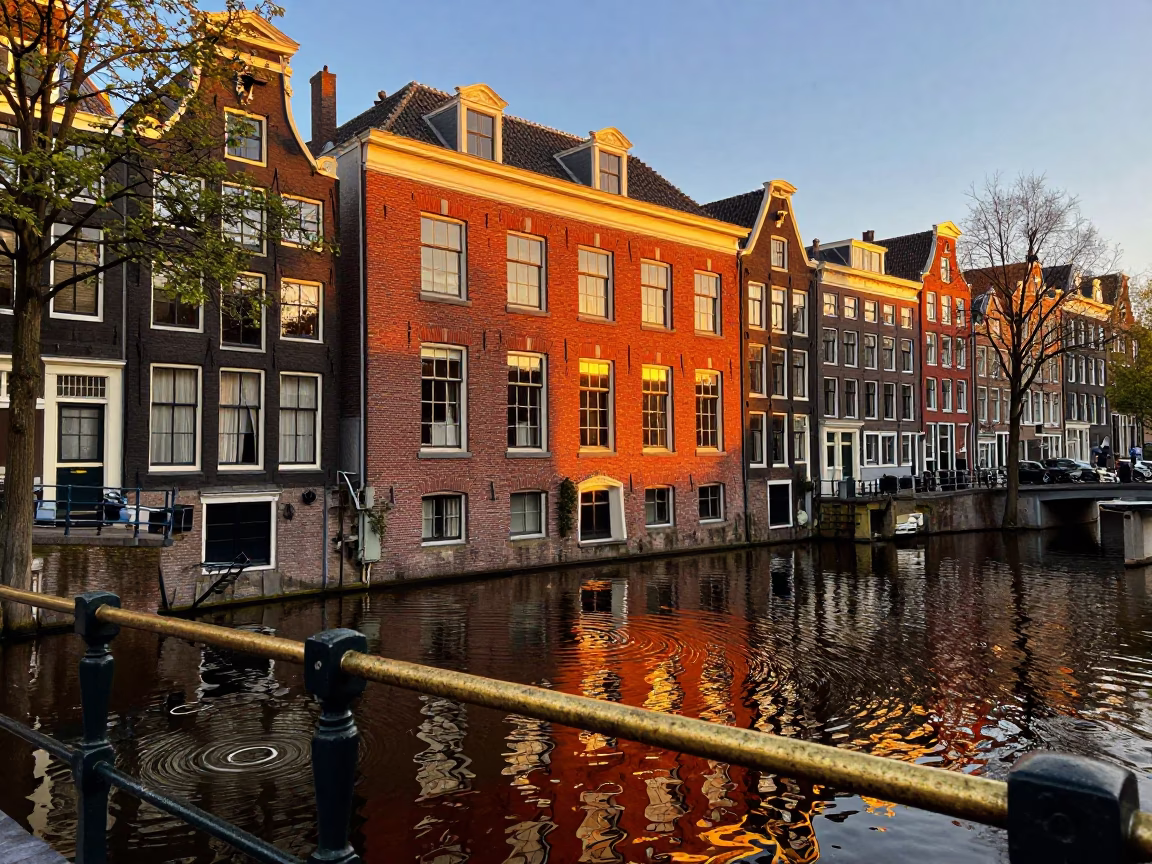 Amsterdam canal house evening with water rings on brass railing in in Amsterdam, Netherlands