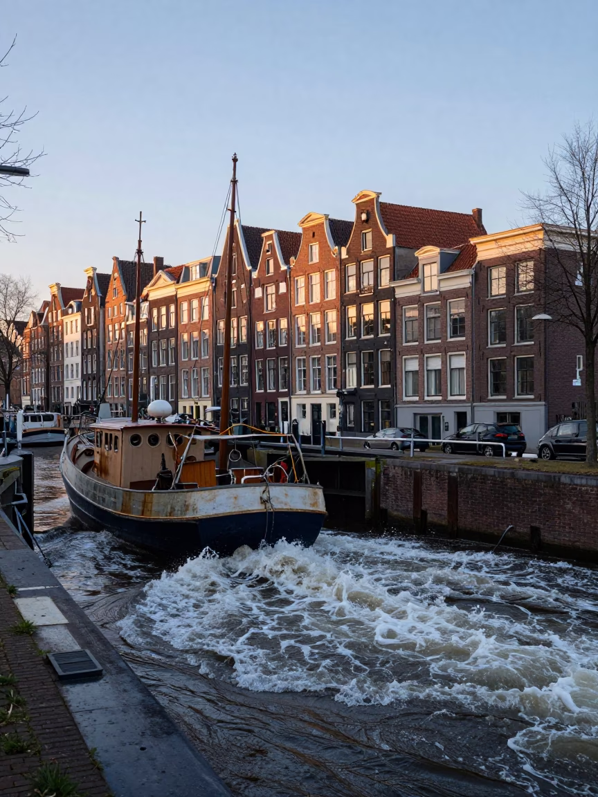 Amsterdam Canal House Exterior at Nautical Dawn with Returning Fishing Boat and Crashing Surf in in Amsterdam, Netherlands
