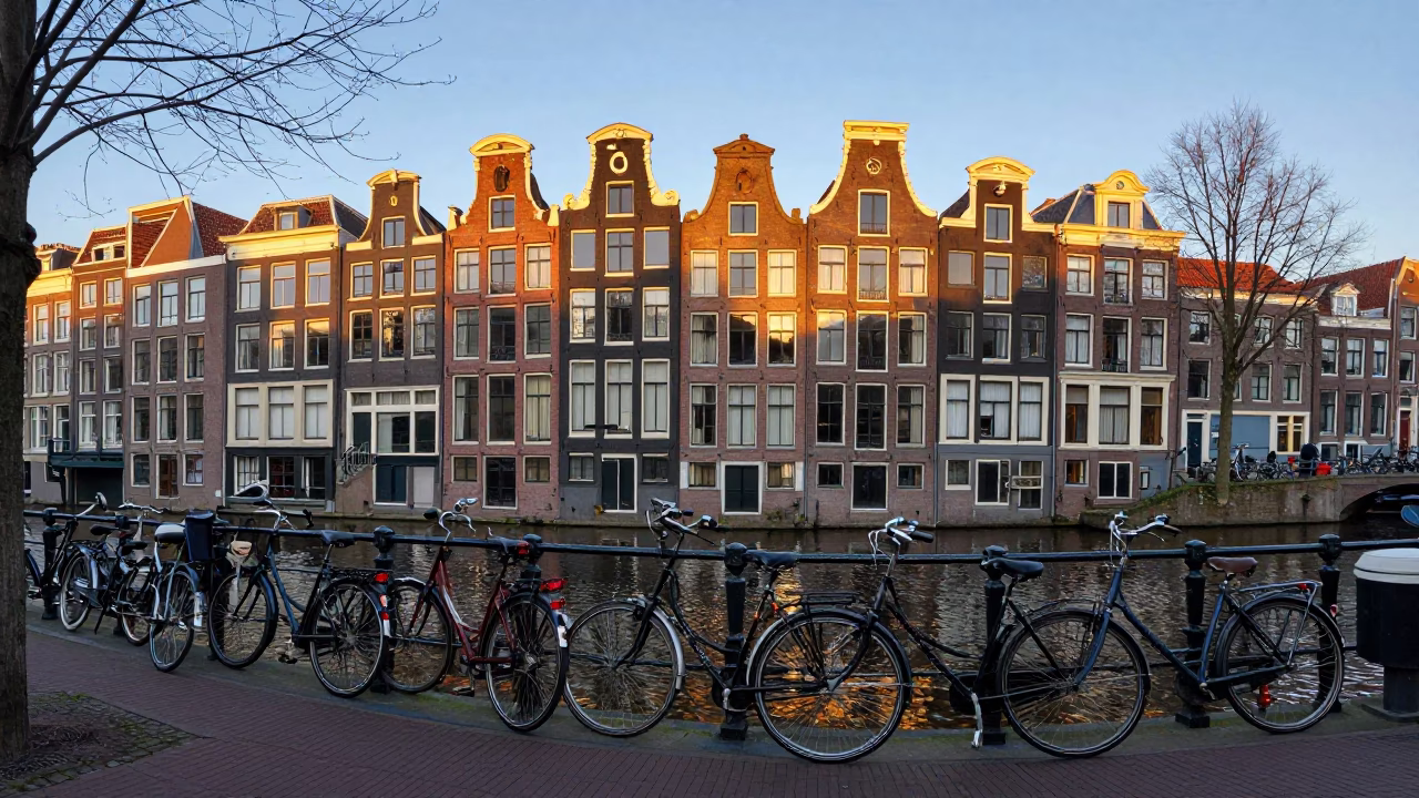 Amsterdam canal house exterior at sunrise with bicycle racks and window sills in in Amsterdam, Netherlands