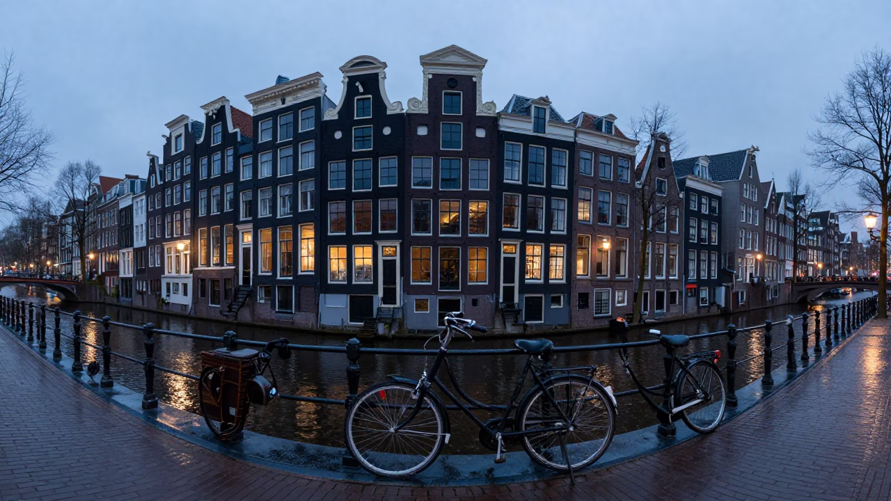 Amsterdam Canal House Exterior Before Dawn with Vintage Bicycle and Wet Cobblestones in in Amsterdam, Netherlands