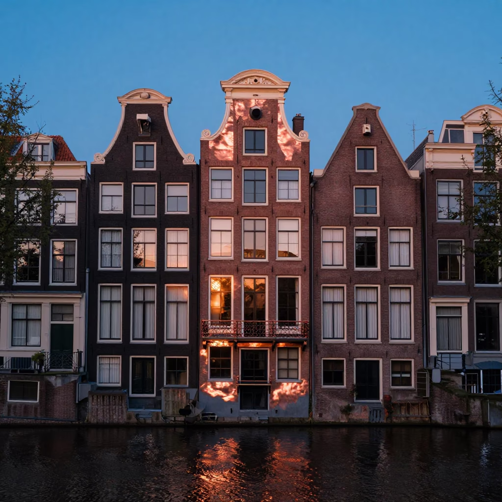 Amsterdam Canal House Exterior Copper Dusk Lighting Blue and White Porcelain in in Amsterdam, Netherlands