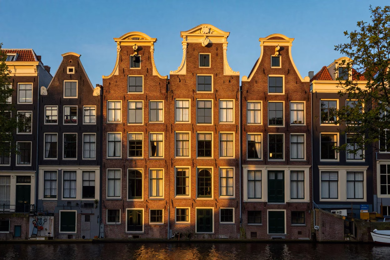 Amsterdam Canal House Exterior in Honeyed Evening Light with Classic Architecture and Street Details in in Amsterdam, Netherlands