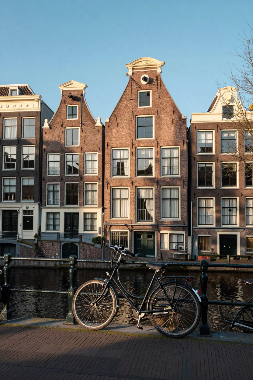 Amsterdam Canal House Exterior Late Afternoon Light with Bicycle and Traditional Architecture in in Amsterdam, Netherlands
