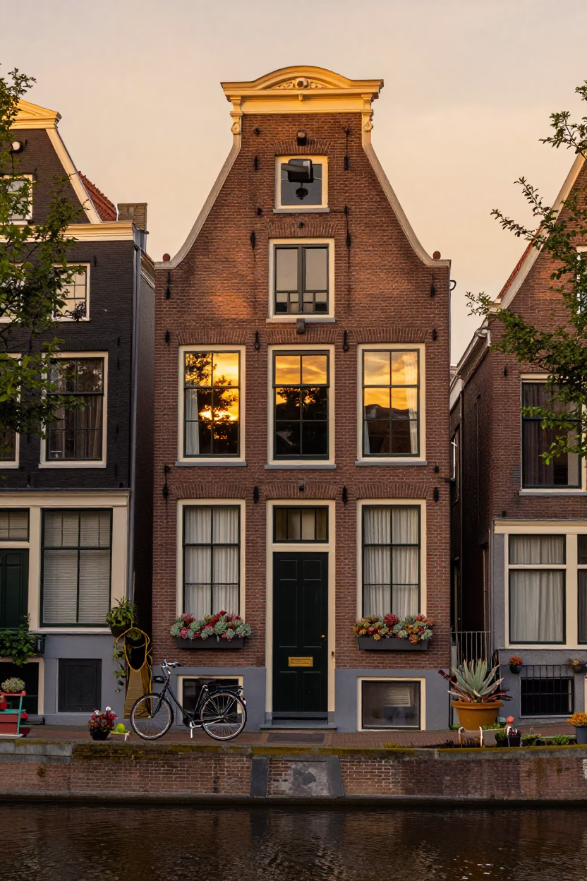 Amsterdam canal house exterior with bicycle and succulents in evening light in in Amsterdam, Netherlands