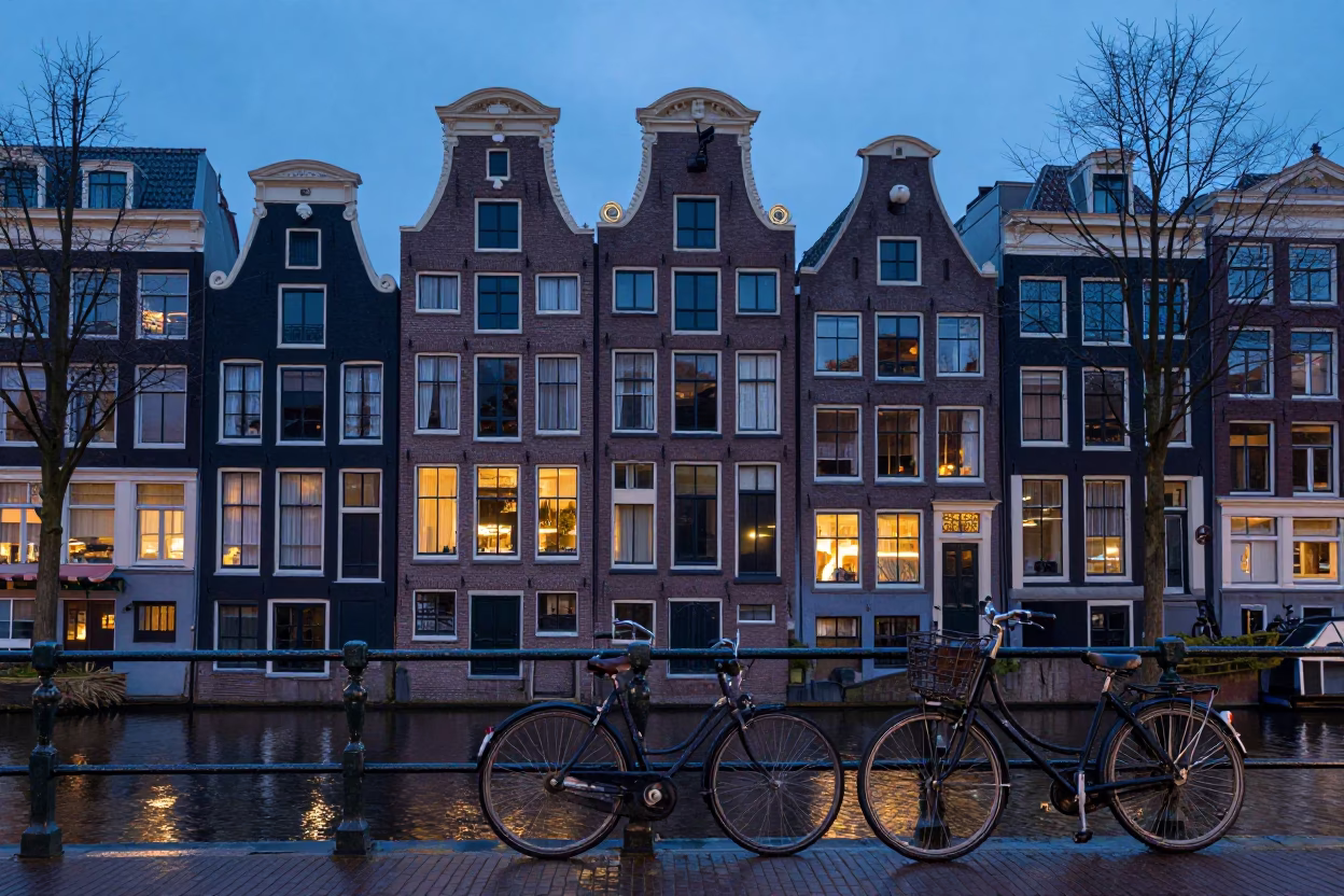 Amsterdam canal house facade and bicycle at dawn with kettle on windowsill in in Amsterdam, Netherlands