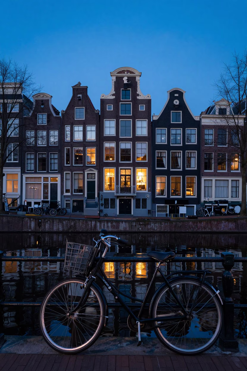 Amsterdam canal house facade and bicycle before dawn with paperbacks in in Amsterdam, Netherlands