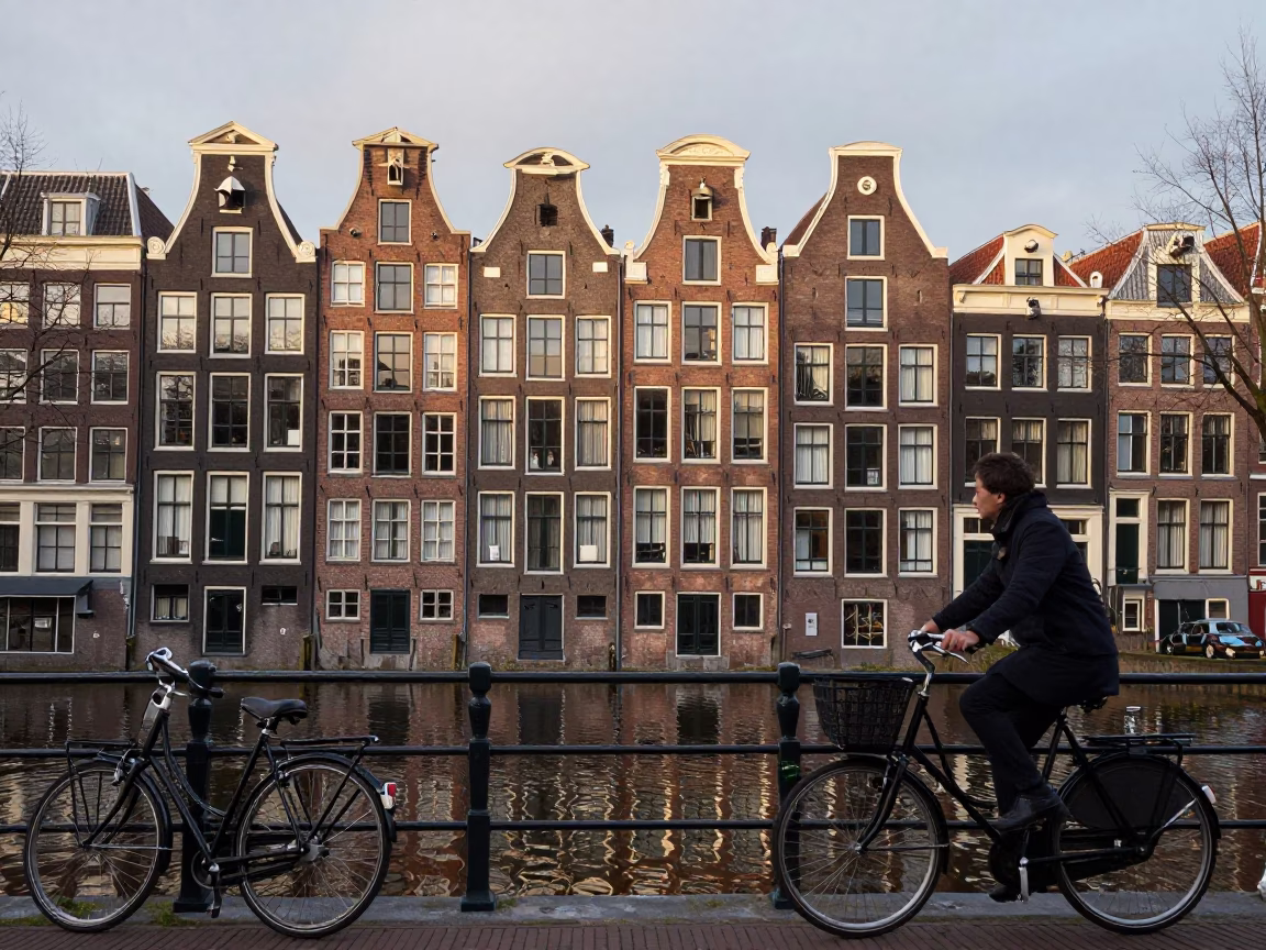 Amsterdam Canal House Facade and Bicycle Detail in Early Afternoon Light in in Amsterdam, Netherlands