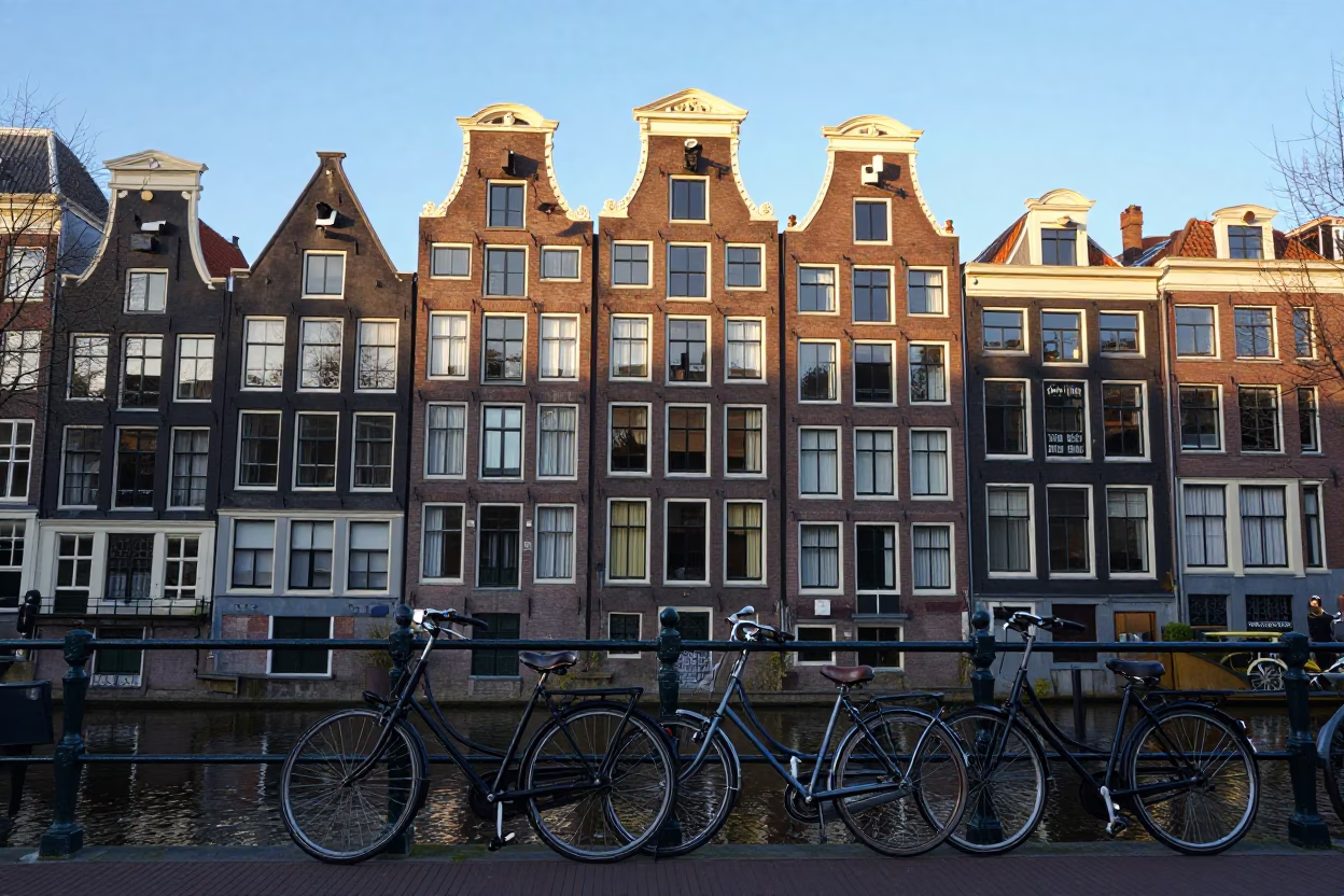 Amsterdam Canal House Facade and Bicycle in Late Afternoon Light in in Amsterdam, Netherlands