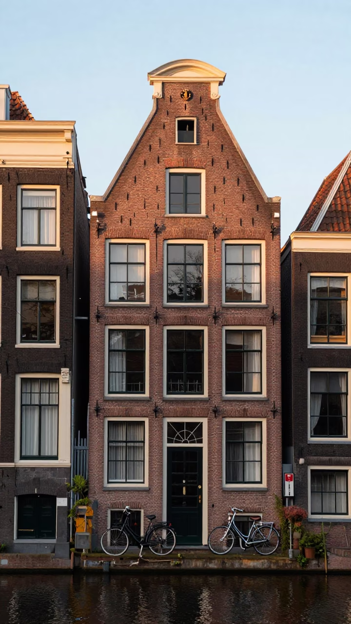 Amsterdam Canal House Facade and Bicycle in Late Afternoon Sunlight in in Amsterdam, Netherlands