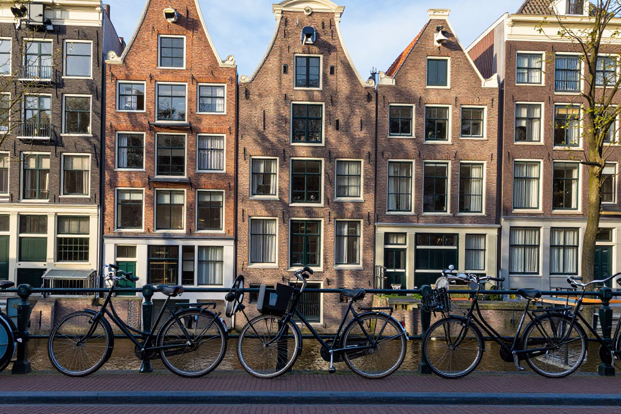 Amsterdam Canal House Facade and Bicycle Parking in Early Afternoon Sunlight in in Amsterdam, Netherlands