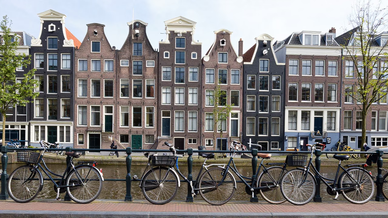 Amsterdam Canal House Facade and Bicycle Parking Under Noon Sun in in Amsterdam, Netherlands