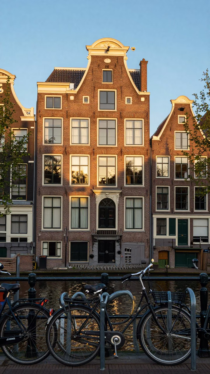 Amsterdam Canal House Facade and Bicycle Rack in Late Afternoon Sunlight in in Amsterdam, Netherlands