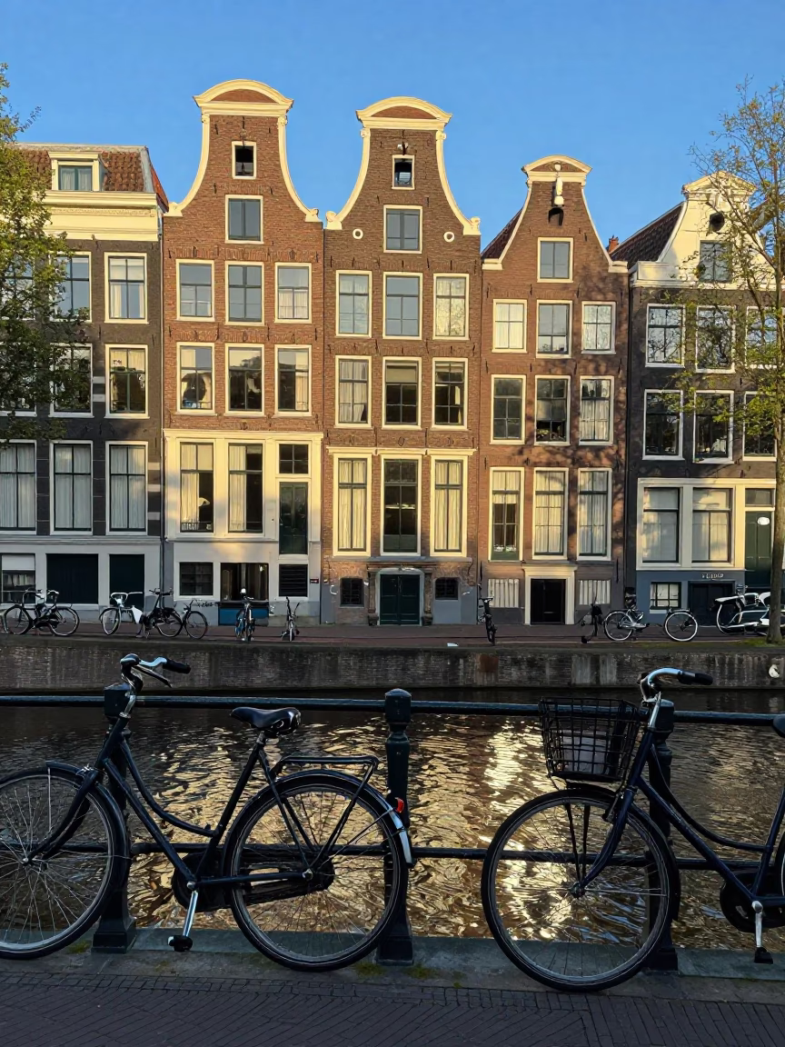 Amsterdam Canal House Facade and Bicycle Reflection in Late Afternoon Sunlight in in Amsterdam, Netherlands