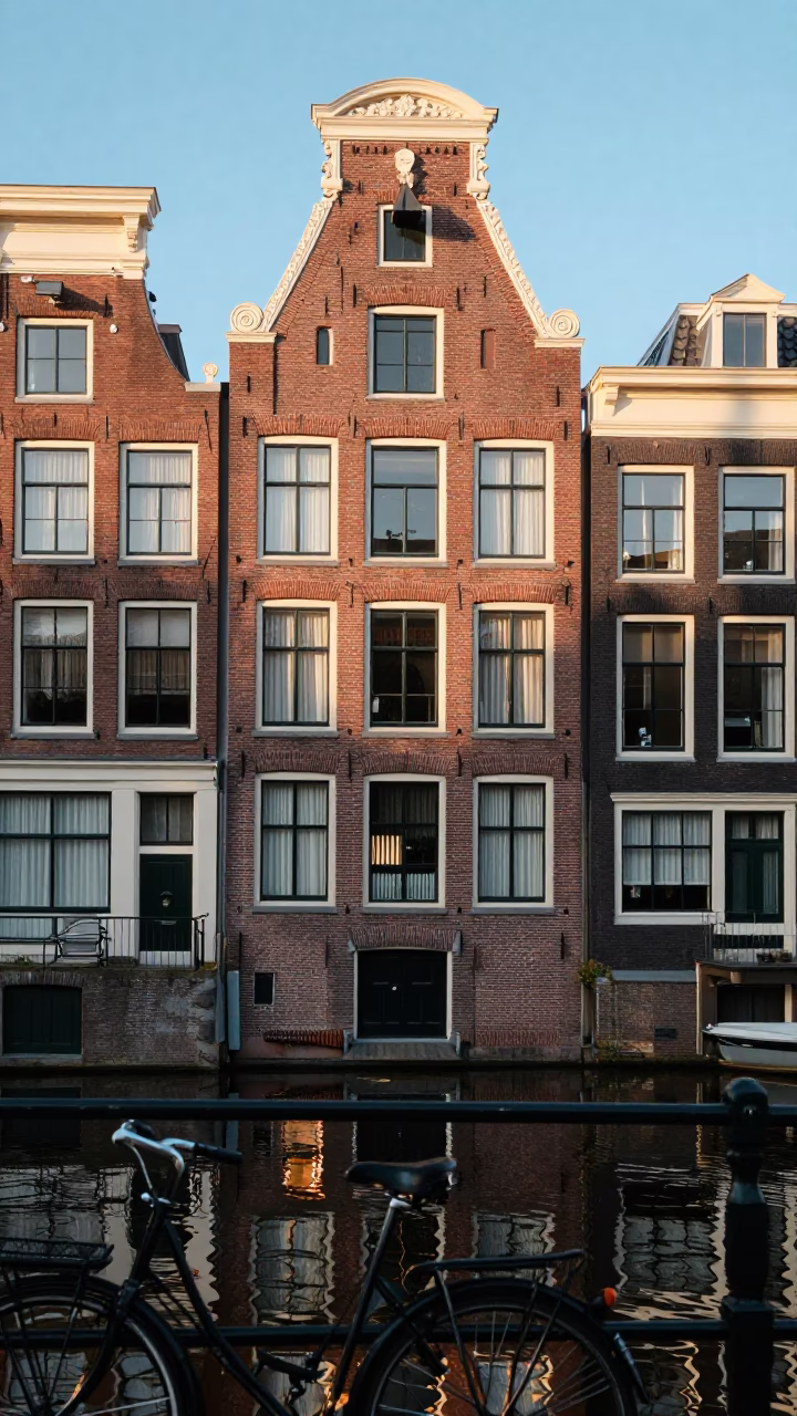 Amsterdam Canal House Facade and Bicycle Reflections in Late Afternoon Light in in Amsterdam, Netherlands