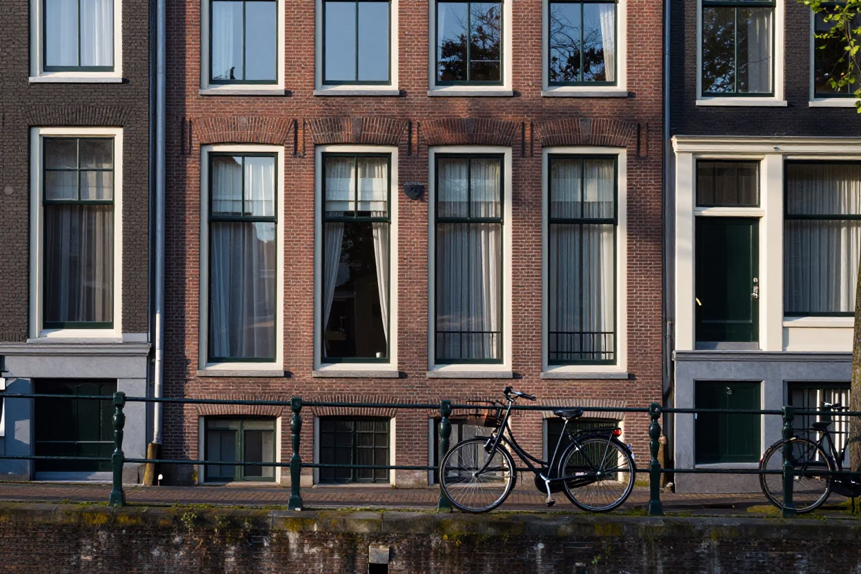 Amsterdam Canal House Facade and Bicycle Street Scene Late Morning in in Amsterdam, Netherlands