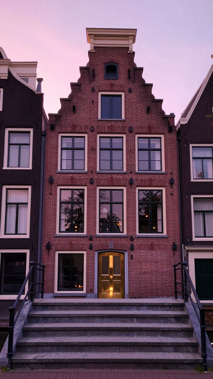 Amsterdam Canal House Facade and Brickwork at Dawn with Polished Brass Runner Detail in in Amsterdam, Netherlands