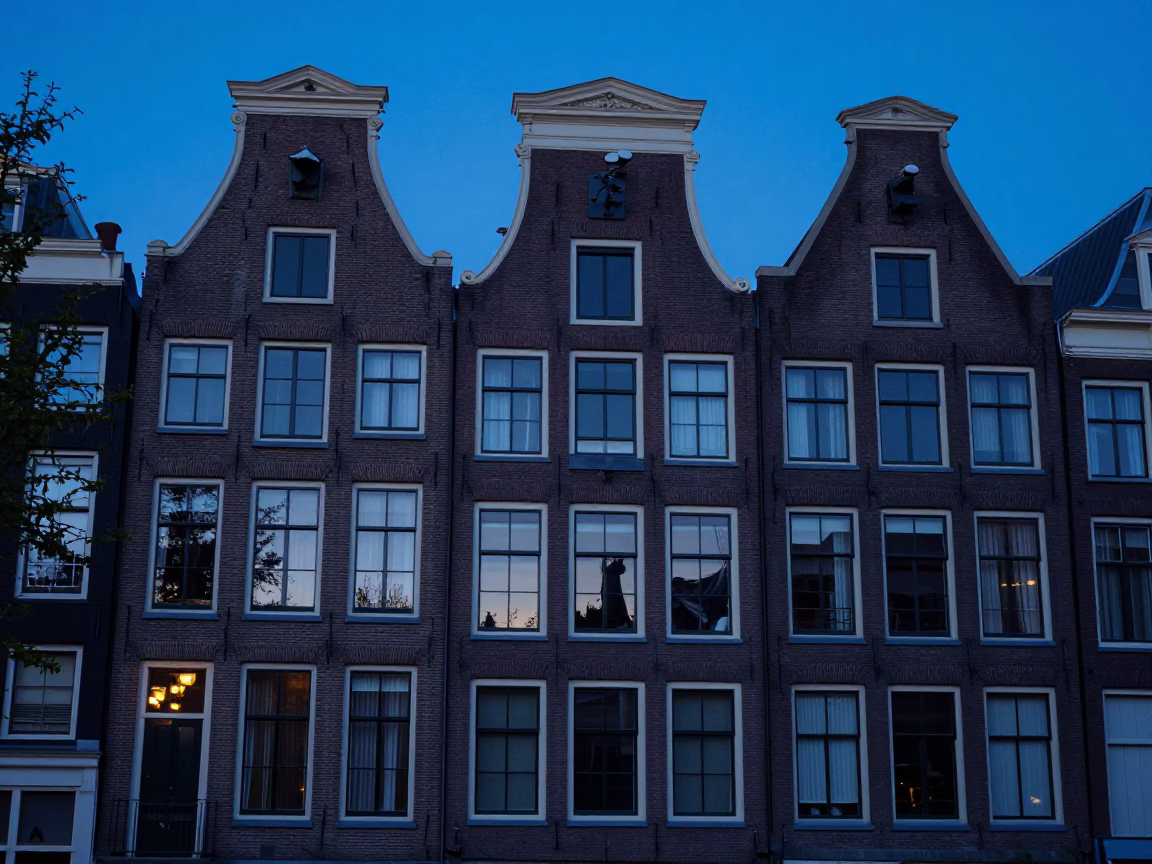 Amsterdam Canal House Facade and Brickwork in Indigo Twilight in in Amsterdam, Netherlands