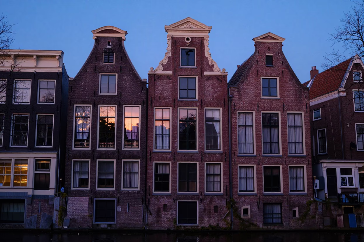 Amsterdam Canal House Facade and Brickwork in Pre-Dawn Light in in Amsterdam, Netherlands