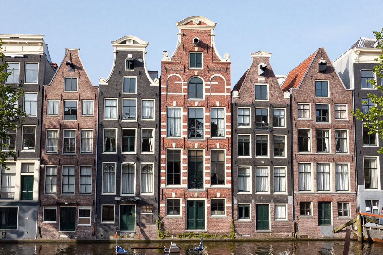 Amsterdam Canal House Facade and Brickwork Under Flat Noon Sunlight in in Amsterdam, Netherlands