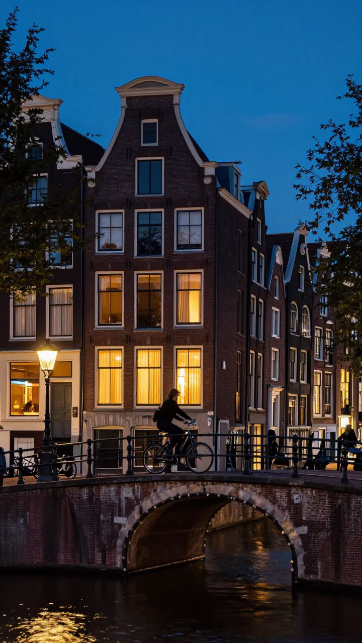 Amsterdam canal house facade and bridge at dusk with bicycle and streetlamp in in Amsterdam, Netherlands