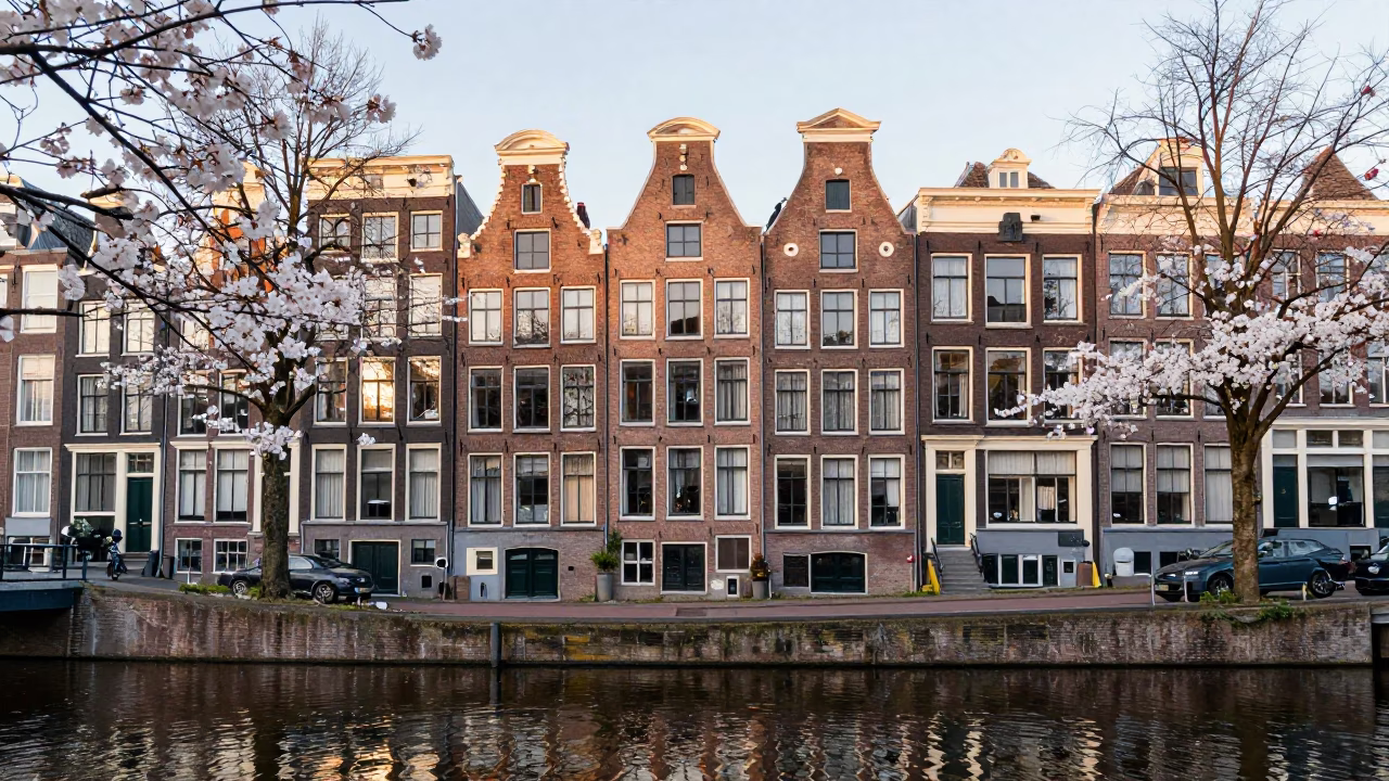 Amsterdam Canal House Facade and Cherry Blossoms at Dawn in in Amsterdam, Netherlands