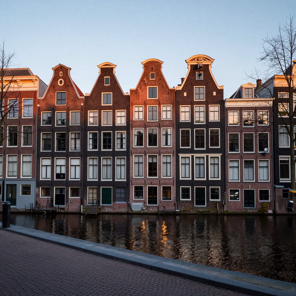 Amsterdam Canal House Facade and Cobblestone Street at Dawn in in Amsterdam, Netherlands