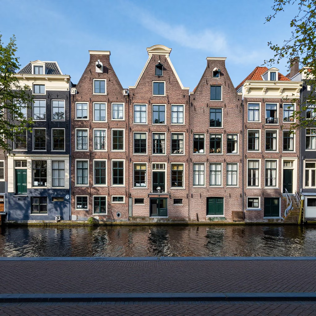 Amsterdam Canal House Facade and Cobblestone Street at Midday in the Netherlands in in Amsterdam, Netherlands