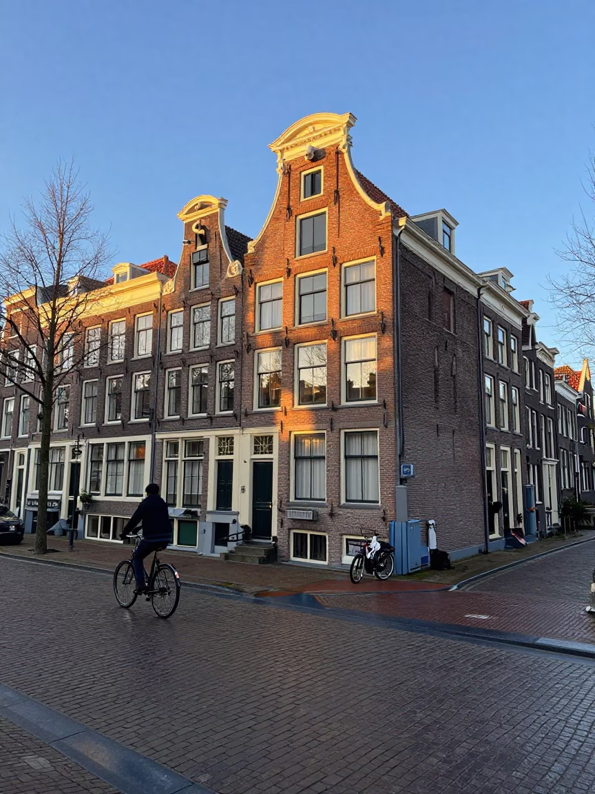 Amsterdam Canal House Facade and Cobblestone Street at Sunrise with Cyclist in in Amsterdam, Netherlands