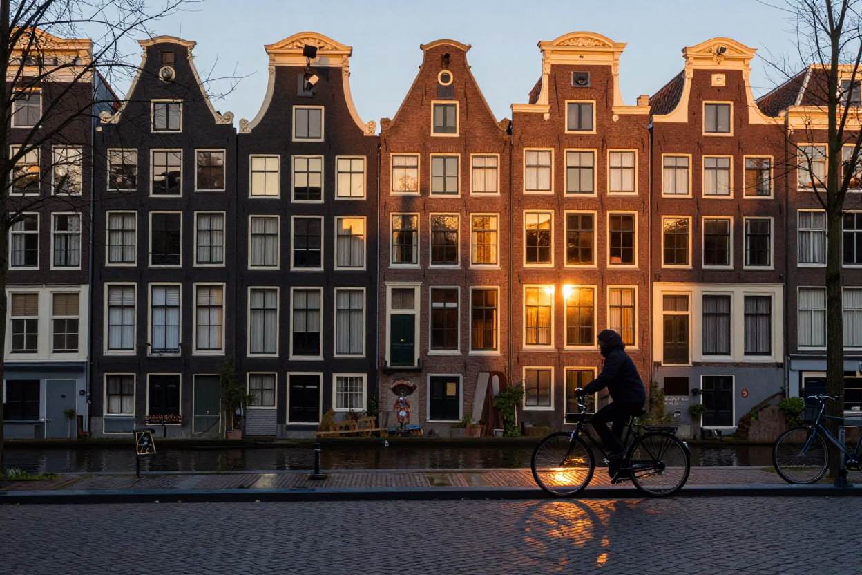 Amsterdam Canal House Facade and Cobblestone Street at Sunset with Local Street Details in in Amsterdam, Netherlands