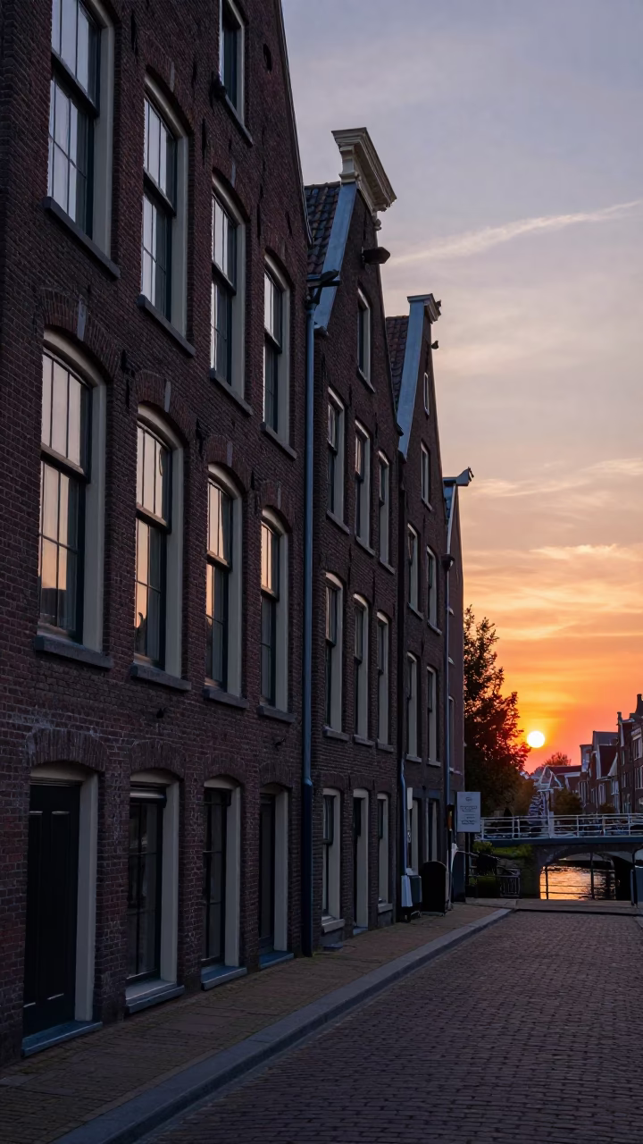 Amsterdam Canal House Facade and Cobblestone Street at Sunset in in Amsterdam, Netherlands