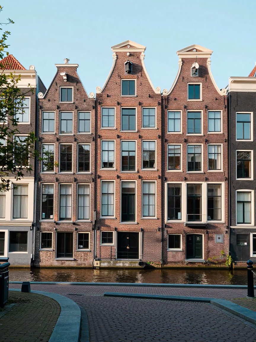 Amsterdam Canal House Facade and Cobblestone Street in Bright Midmorning Light in in Amsterdam, Netherlands