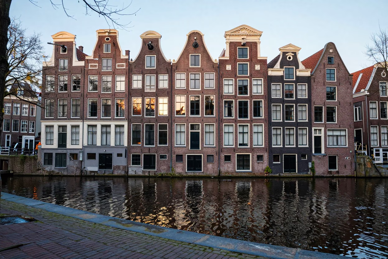 Amsterdam Canal House Facade and Cobblestone Street in Early Evening Light in in Amsterdam, Netherlands