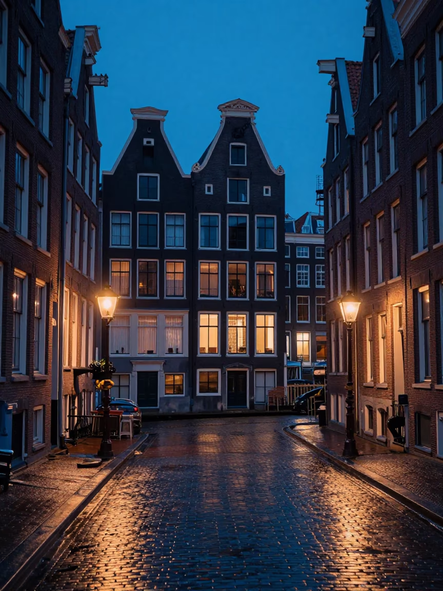 Amsterdam Canal House Facade and Cobblestone Street in Evening Blue Light in in Amsterdam, Netherlands