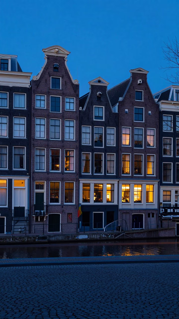 Amsterdam Canal House Facade and Cobblestone Street in Indigo Twilight in in Amsterdam, Netherlands