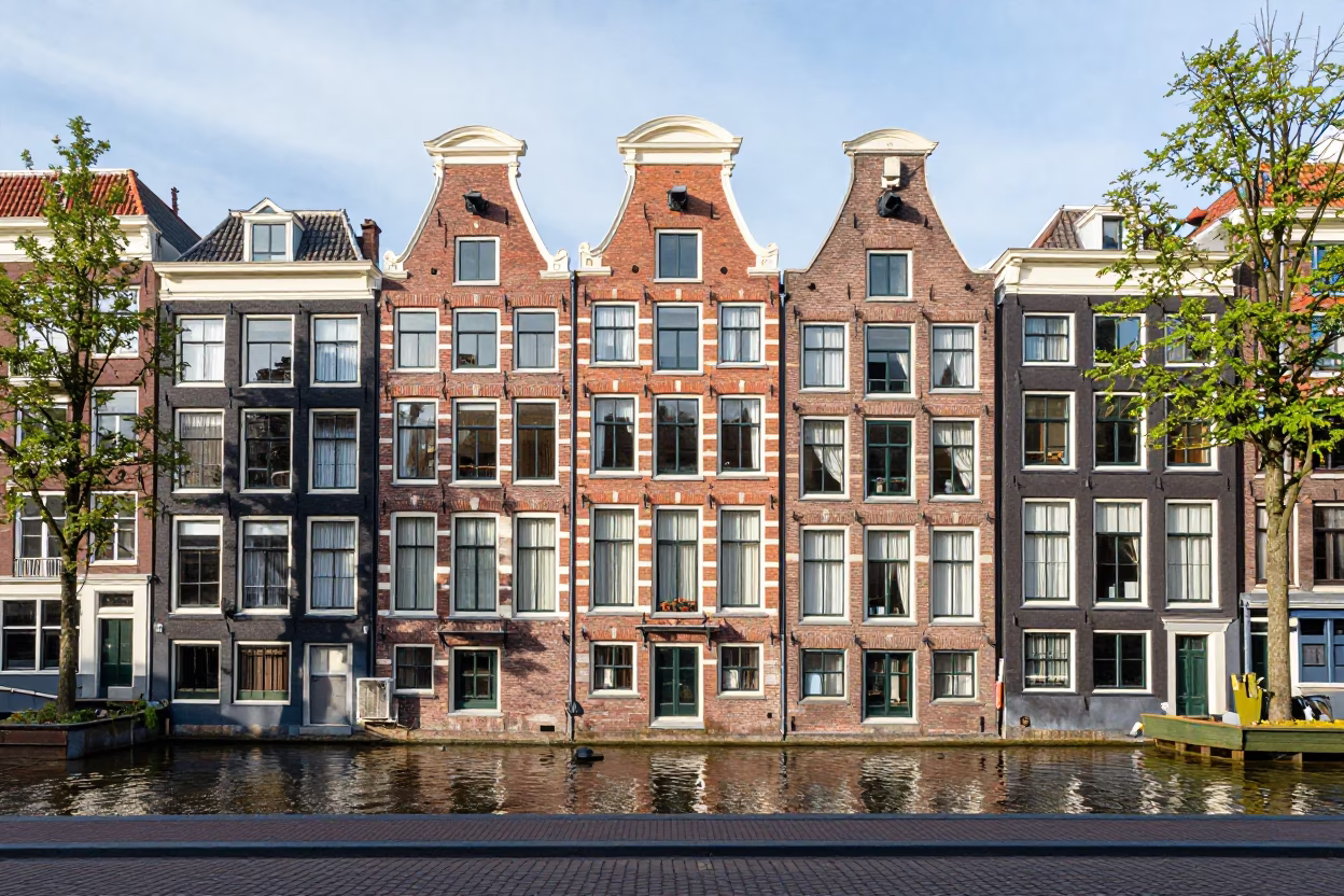 Amsterdam Canal House Facade and Cobblestone Street Under Bright Noon Sunlight in in Amsterdam, Netherlands