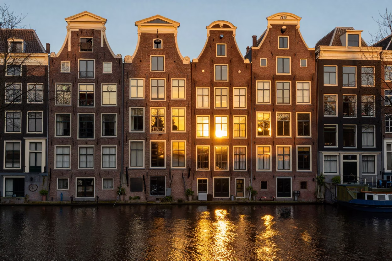 Amsterdam Canal House Facade and Golden Hour Reflections at Sunset in in Amsterdam, Netherlands