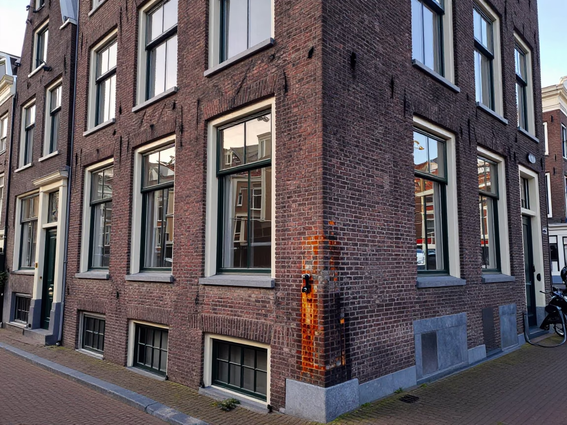 Amsterdam Canal House Facade and Historic Street Corner in Early Afternoon Light in in Amsterdam, Netherlands