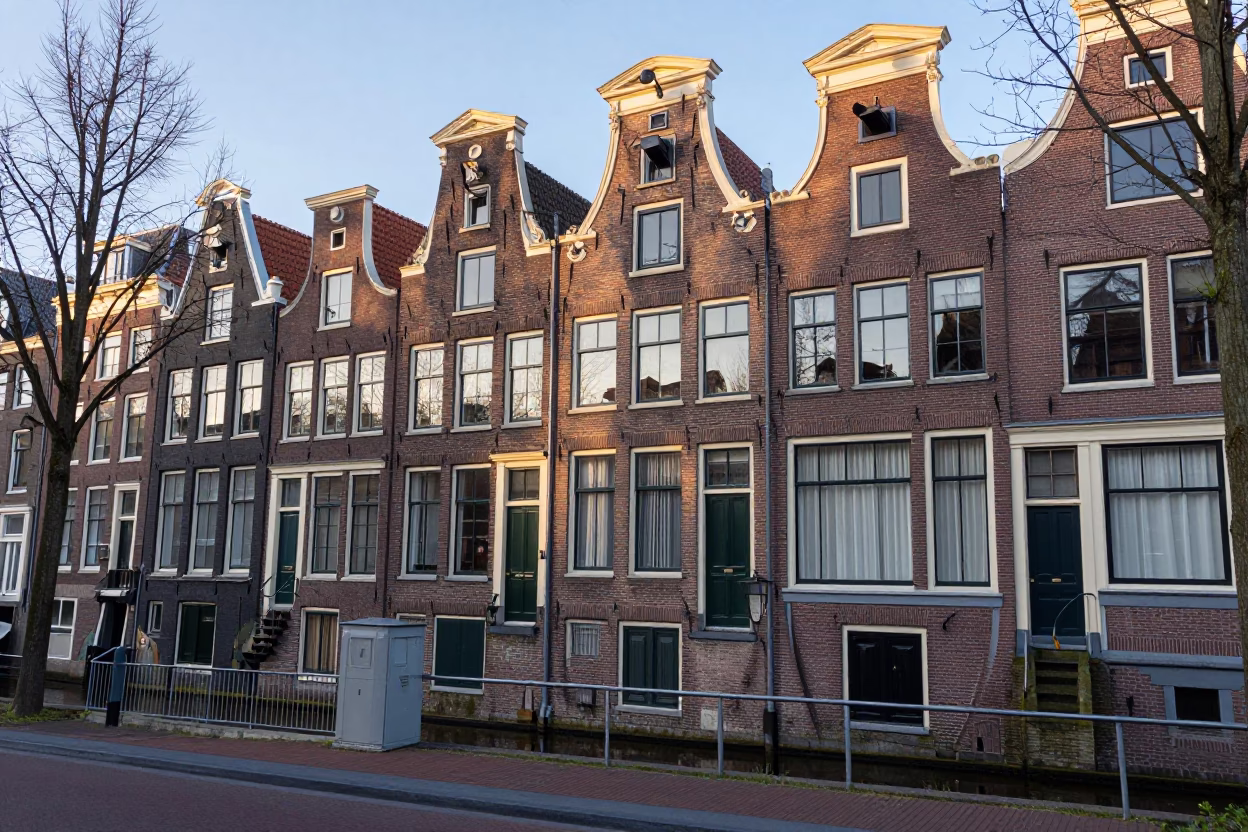Amsterdam Canal House Facade and Substation Fence with Morning Dew at Sunrise in in Amsterdam, Netherlands