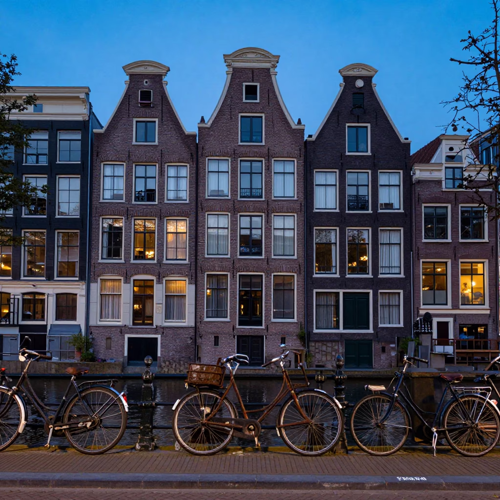 Amsterdam Canal House Facade at Blue Hour with Vintage Bicycle and Brickwork Details in in Amsterdam, Netherlands